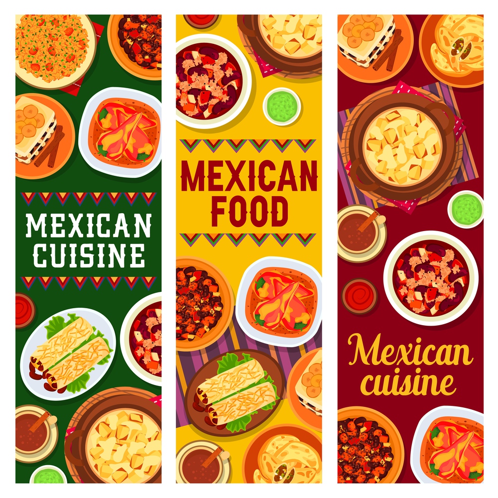 Mexican cuisine vector beef bean stew chilli con carne, bread pudding capirotada and potato casserole with cheese meal. Mexican meat empanada, spicy chicken wings, tacos de pato with duck, chilli rice. Mexican cuisine fod vector banners