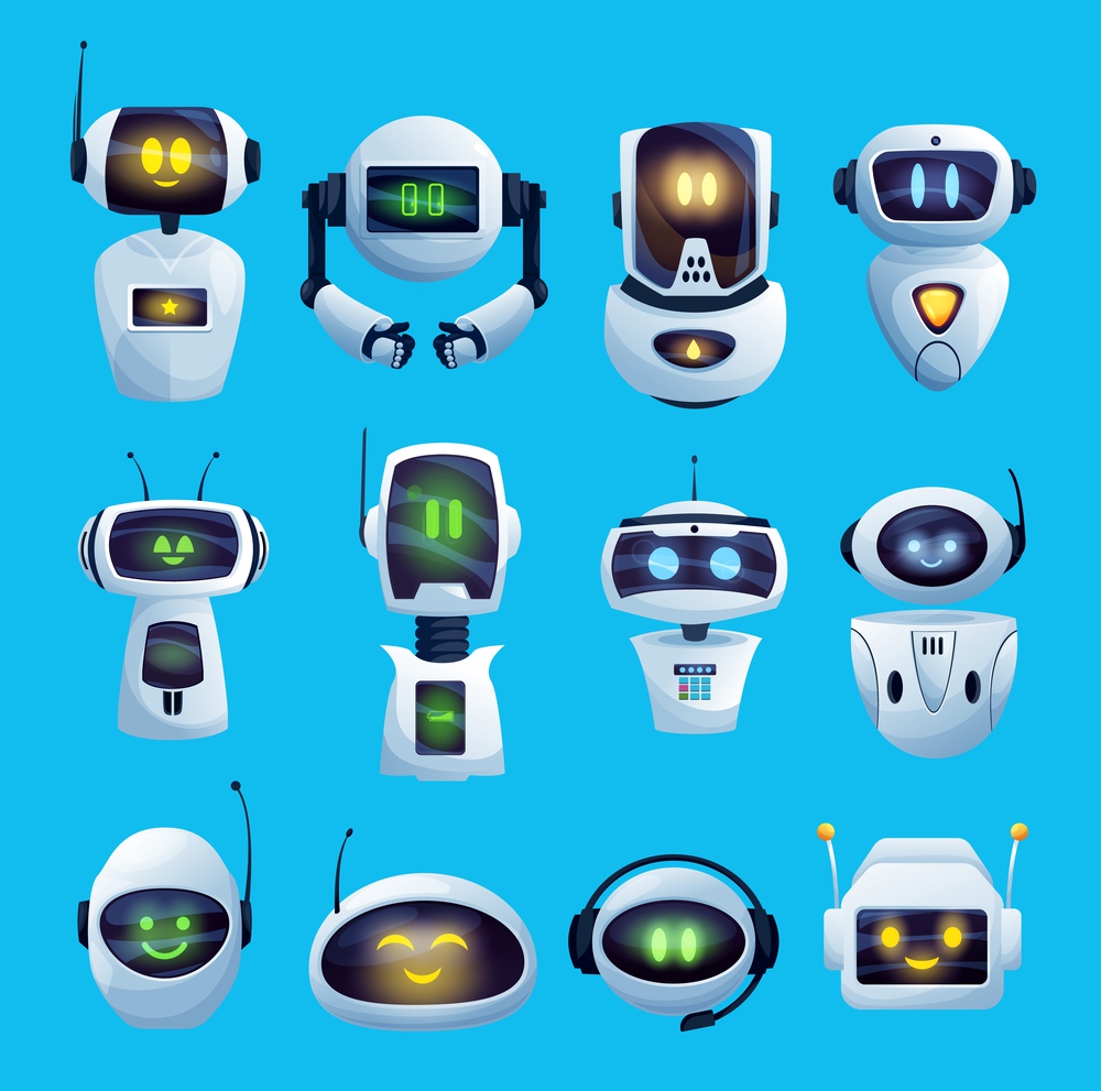 Cartoon chat bot and robots vector icons, artificial intelligence cyborg characters. Cute droids or chat bots futuristic robots heads with digital face screens, antenna and headset. Android technology. Cartoon chat bots and robots vector set