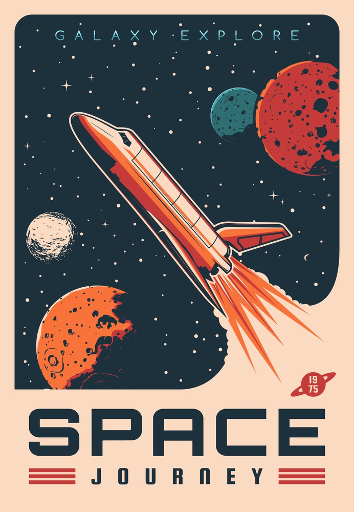 Space journey with shuttle spaceship retro vector banner. Rocket flying in outer space, planets and satellites, stars. Galaxy explore mission, astronomy science and stellar travel poster. Space travel with shuttle rocketship retro poster