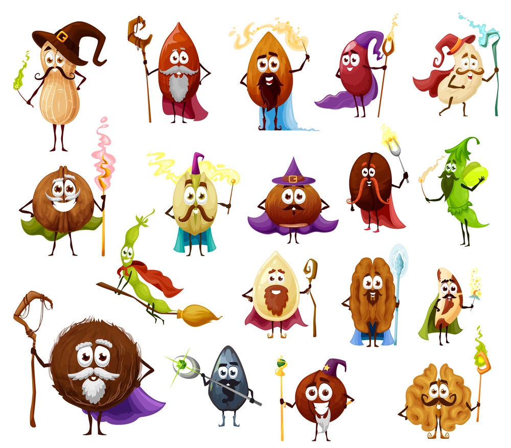 Nut, seed and bean magician and wizards cartoon vector characters cute witch and fairy. Almond, peanut, walnut and pistachio, cashew, hazelnut and coconut, coffee and soy beans with magic wands, hats. Nut, seed and bean magicians, wizard characters