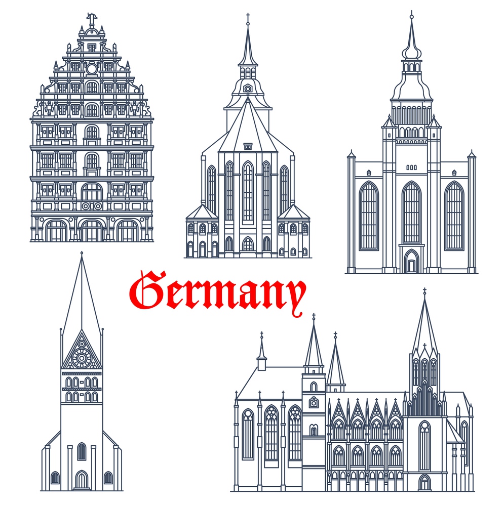 Germany landmark buildings architecture, vector icons of gothic churches and cathedrals. Germany landmark of St Michael and John church Luneburg, Oppenheim Katharinenkirche and Gewandhaus Braunschweig. Germany landmark architecture cathedrals icons