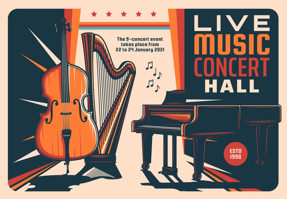 Live music concert hall retro vector flyer with violin, harp, grand piano and notes. Symphonic orchestra or jazz band live music show. Performance invitation with instruments, vintage poster. Live music concert hall retro vector flyer