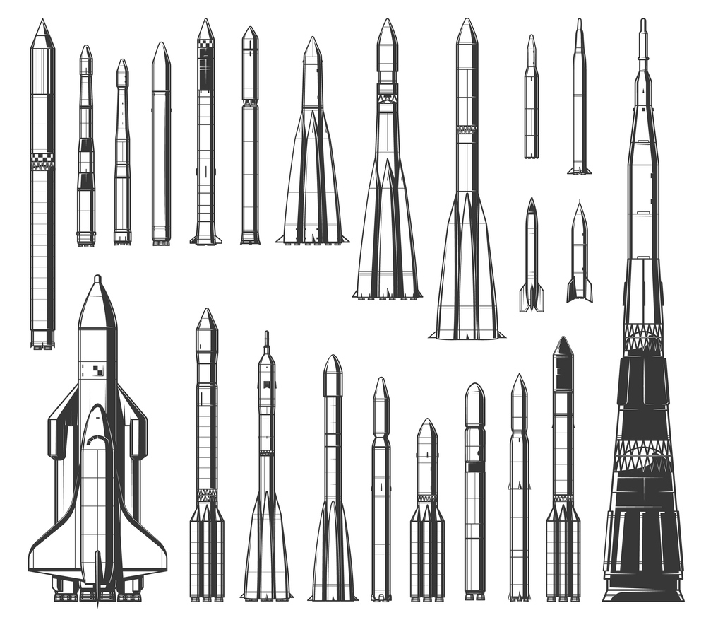 Space rockets and shuttle spaceship. Vector monochrome different type and size spacecrafts, missiles for satellites transportation and launch on orbit, shuttle heavy lift vehicle carrier. Space rockets, shuttle carrier and missiles