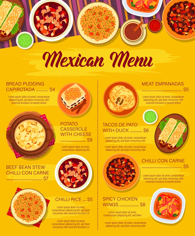 Mexican cuisine vector menu template. Potato casserole with cheese, meat empanada and spicy chicken wings. Chilli con carne, tacos de pato with duck, rice or bread pudding capirotada meals of Mexico. Mexican cuisine vector menu, Mexico meals