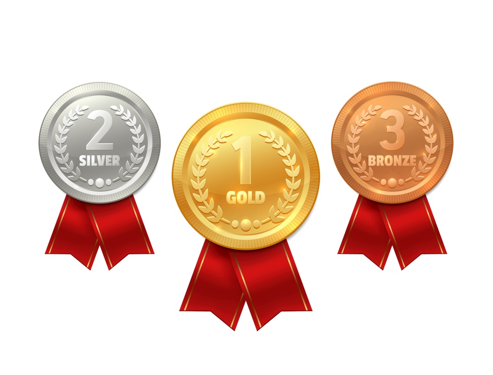 Medal with ribbon vector icons of sport prize, reward certificate, winner trophy or champion honor award. Gold, silver and bronze medals with red tapes and laurel wreaths, 1st, 2nd, 3rd place awards. Medal and ribbon icons, sport prize, winner trophy