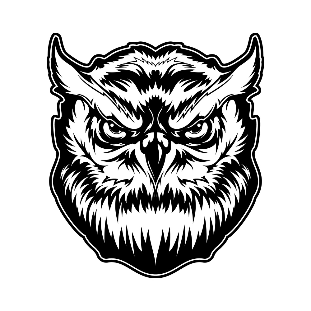Owl animal head with angry face vector tattoo, mascot or t-shirt print design. Great horned owl, bird of prey with black and white feathers, facial disc plumage and beak, wildlife fauna themes. Owl animal head with angry face, vector mascot