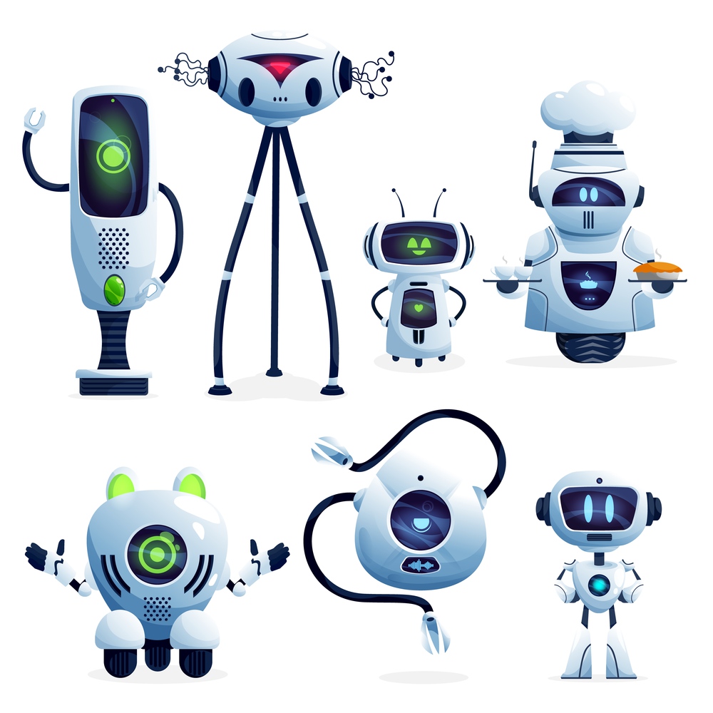Ai robot cartoon characters with vector white robotic machines, modern toys, artificial intelligence androids and future technology cyborgs. Cute humanoid droids and computer bots with manipulators. Ai robot, white robotic machine cartoon characters