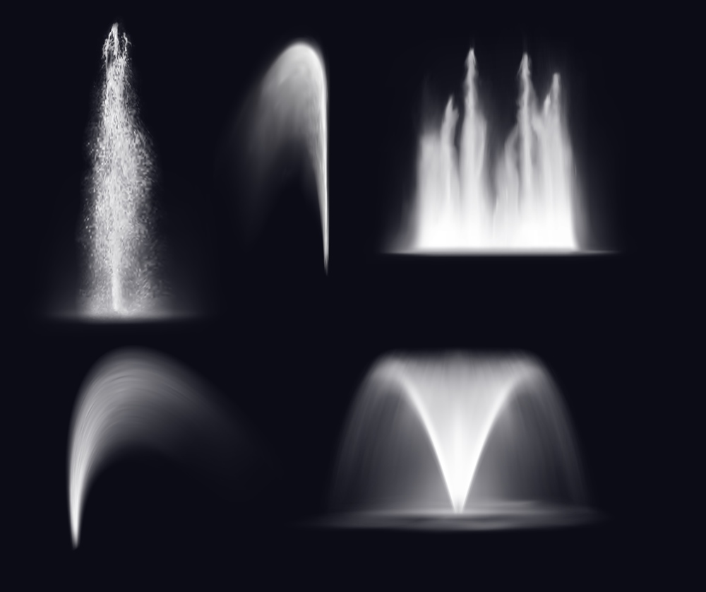 Fountain water jets and splashes, isolated realistic 3d vector waterfall and stream spray. Fountain water jets silhouettes, dancing fountain cascade or geyser and spring eruption. Fountain water, realistic jets and spray splashes