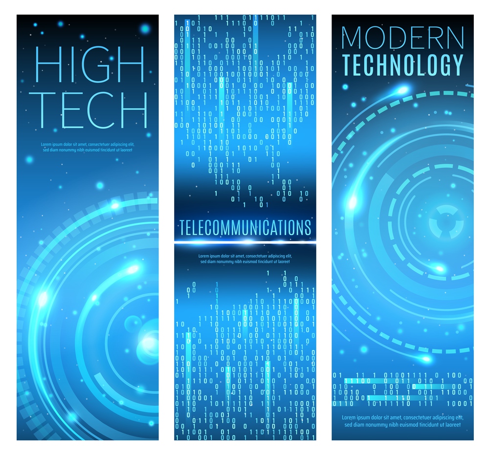 Future modern technology, high tech and telecommunication abstract vector banners. Digital data, information, internet and network technology wave with background of binary data flow, HUD interface. Future modern technology and high tech banners