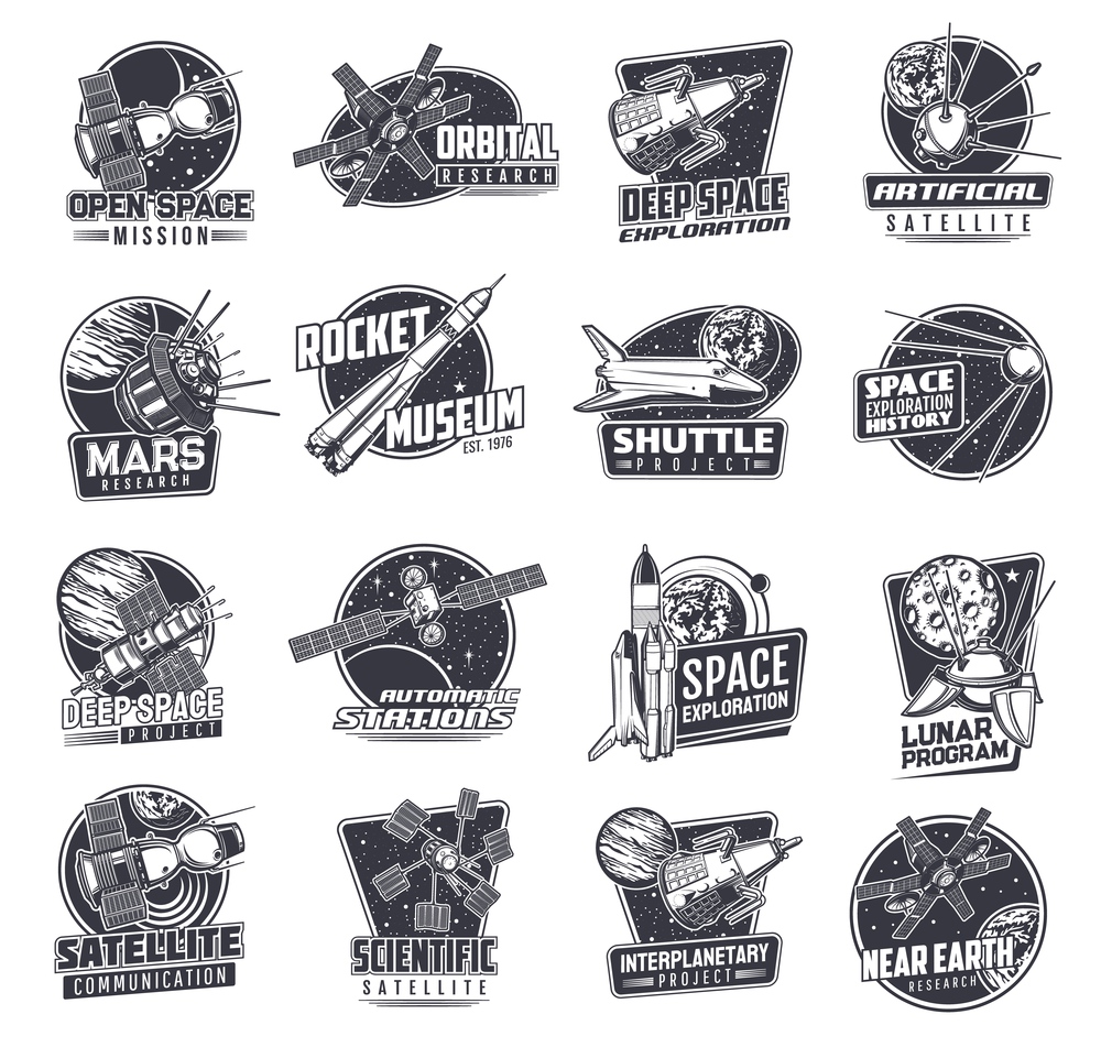 Space vector retro icons with spaceships or satellites. Mars research, lunar program, rocket museum and near earth orbital station. Artificial sputnik deep space exploration, scientific research signs. Space universe research vector retro icons
