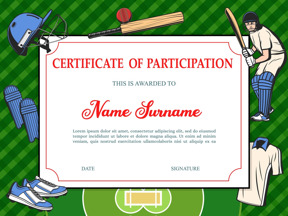 Certificate of participation in baseball tournament, sport school diploma vector template with sports equipment helmet, bat and ball, shoes, uniform and green field with sportsman playing, award frame. Certificate of participation baseball sport