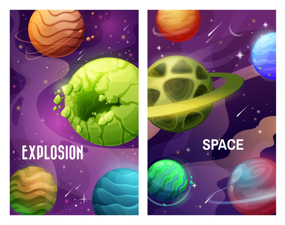 Space and planets, explosion in galaxy and asteroids attack, vector fantasy cartoon background. Aliens invasion, meteorite and comets collide with planets in space sky, futuristic universe posters. Space explosion, cartoon planets and meteorites