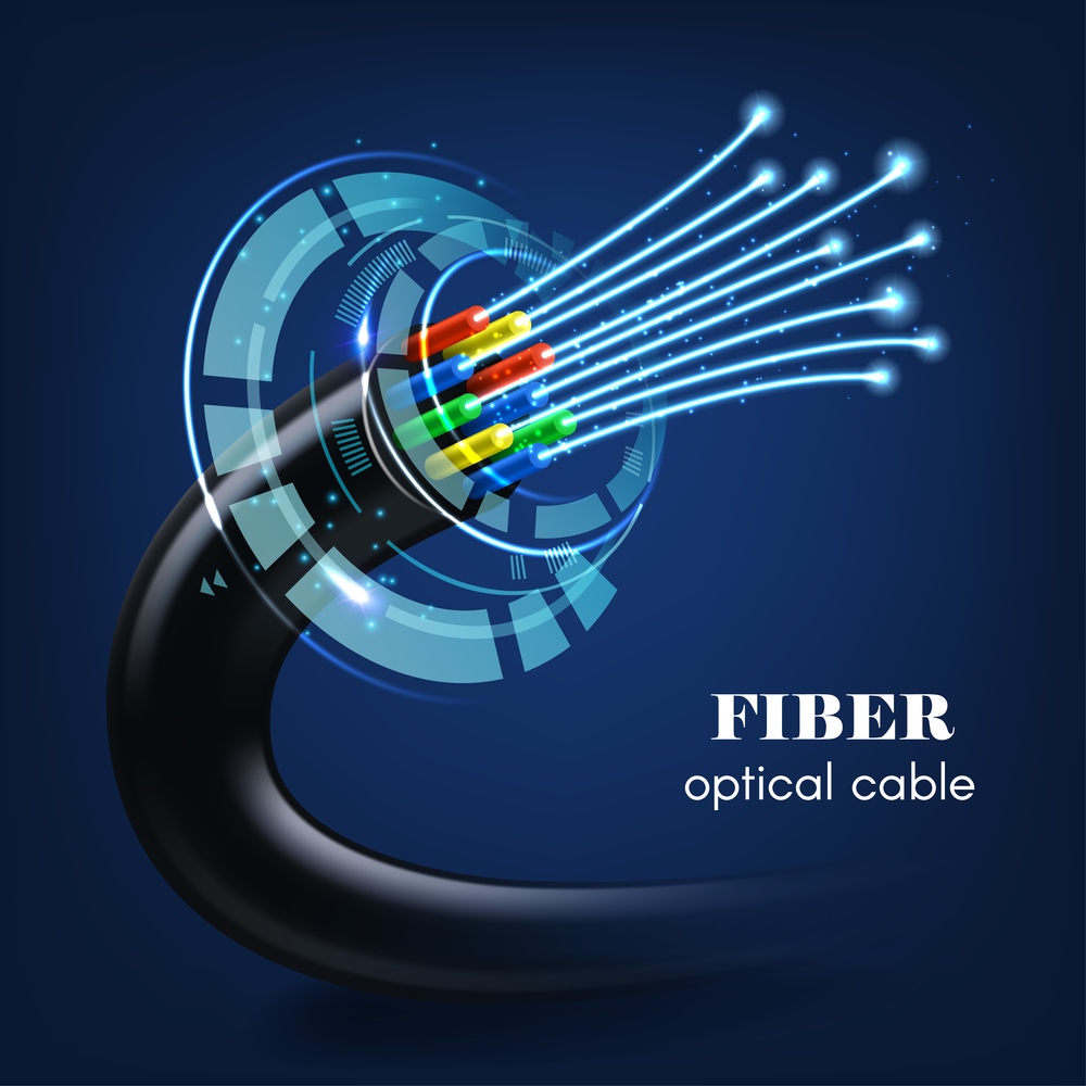 Cable or wire with glowing optical fibers 3d vector of future technology, speed internet connection, network communication, telecommunication. Realistic blue neon fibres and futuristic HUD interface. Cable or wire with glowing optical fibers, vector