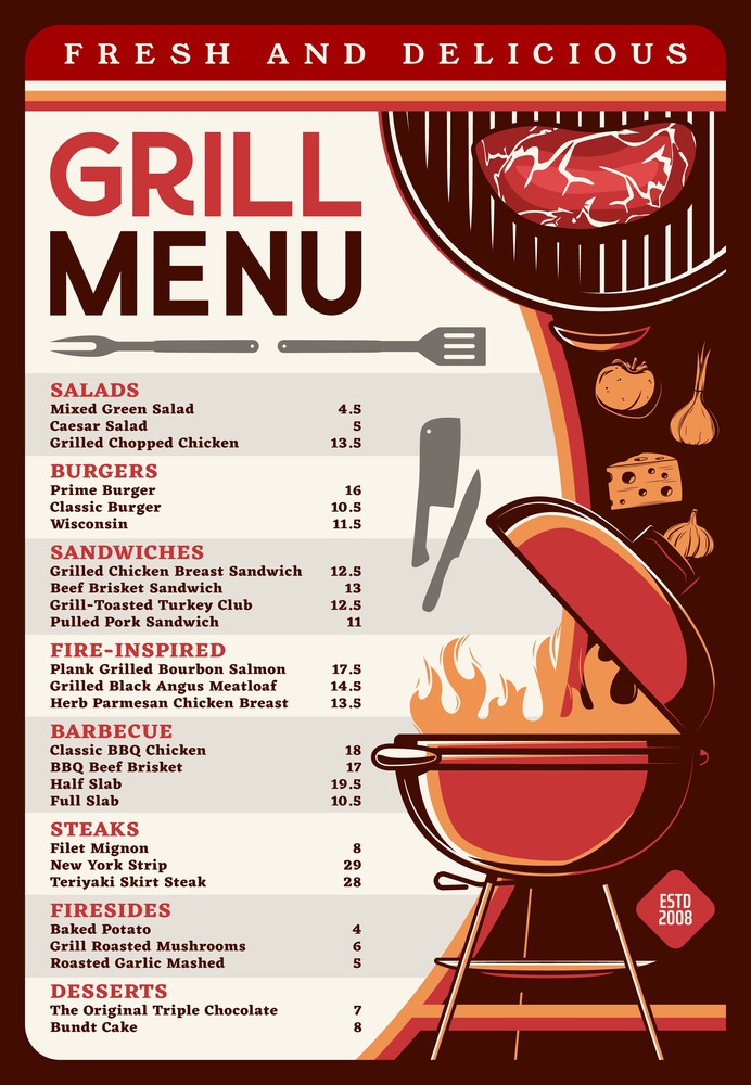 Grill menu with bbq food vector template. Barbecue meat, chicken or beef steak, charcoal grill, chef knives, bbq fork and fire flames, menu brochure of cafe, bar and restaurant design. Grill menu with bbq food, barbecue cafe