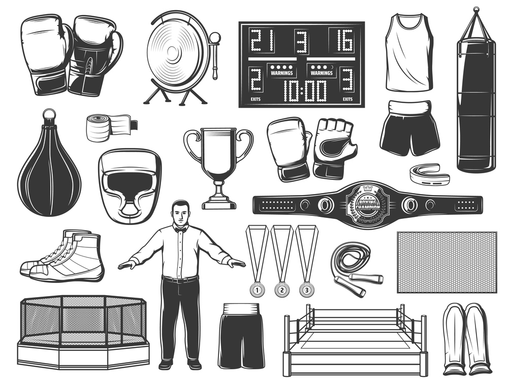 Boxing, mma and kickboxing sport vector icons. Boxer gloves, punching bags, rings and championship belt, helmet and shorts, jersey and shoes, mouth guard, wrist wrap, trophy cup and score board. Boxing, mma and kickboxing sport icons