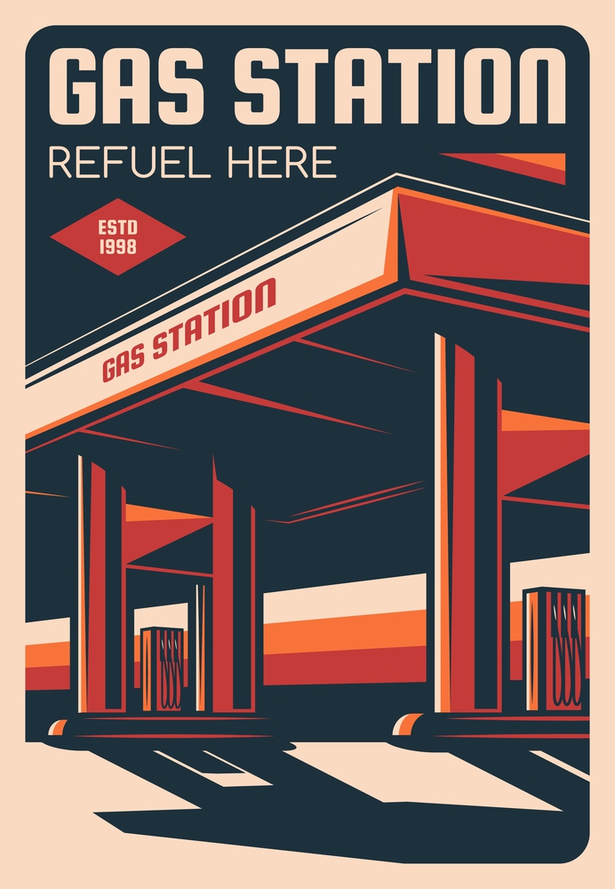 Gas or petrol station with gasoline or petroleum pumps vector design. Building of fuel filling service, motor oil shop, tire fitting, garage and auto service retro poster, oil industry themes. Gas or petrol station with gasoline pumps