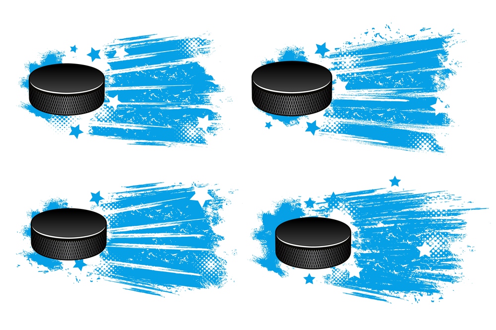 Ice hockey pucks on ice, banner or hokey club flag, vector blue badges. Ice hockey match and league team sport championship cup emblems with puck on blue halftone background with stars. Ice hokey pucks on blue ice, halftone star banners