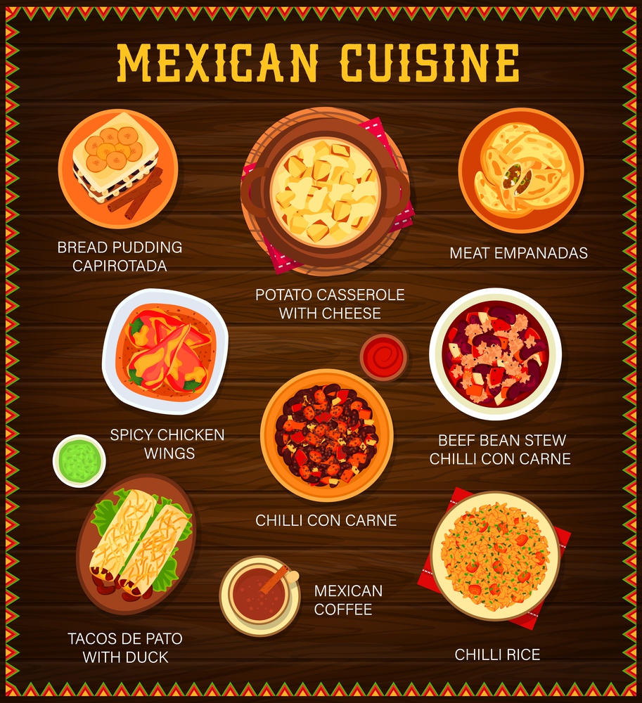 Mexican cuisine vector menu. Bread pudding capirotada, potato casserole with cheese and meat empanada. Spicy chicken wings, beef bean stew chilli con carne and tacos de pato with duck Mexico meals. Mexican cuisine vector meals menu