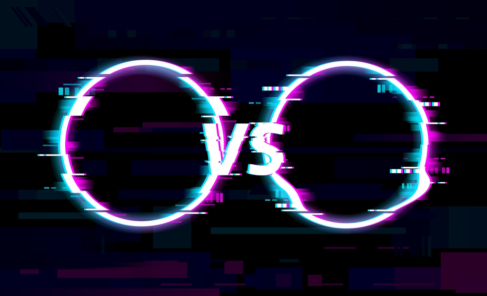 Glitch VS versus circles with noise of TV pixels on digital screen, vector background. VS fight battle versus sport or boxing tournament. Glitch effect on television screen, tournament and competition. VS versus glitch circles, TV digital noise screen