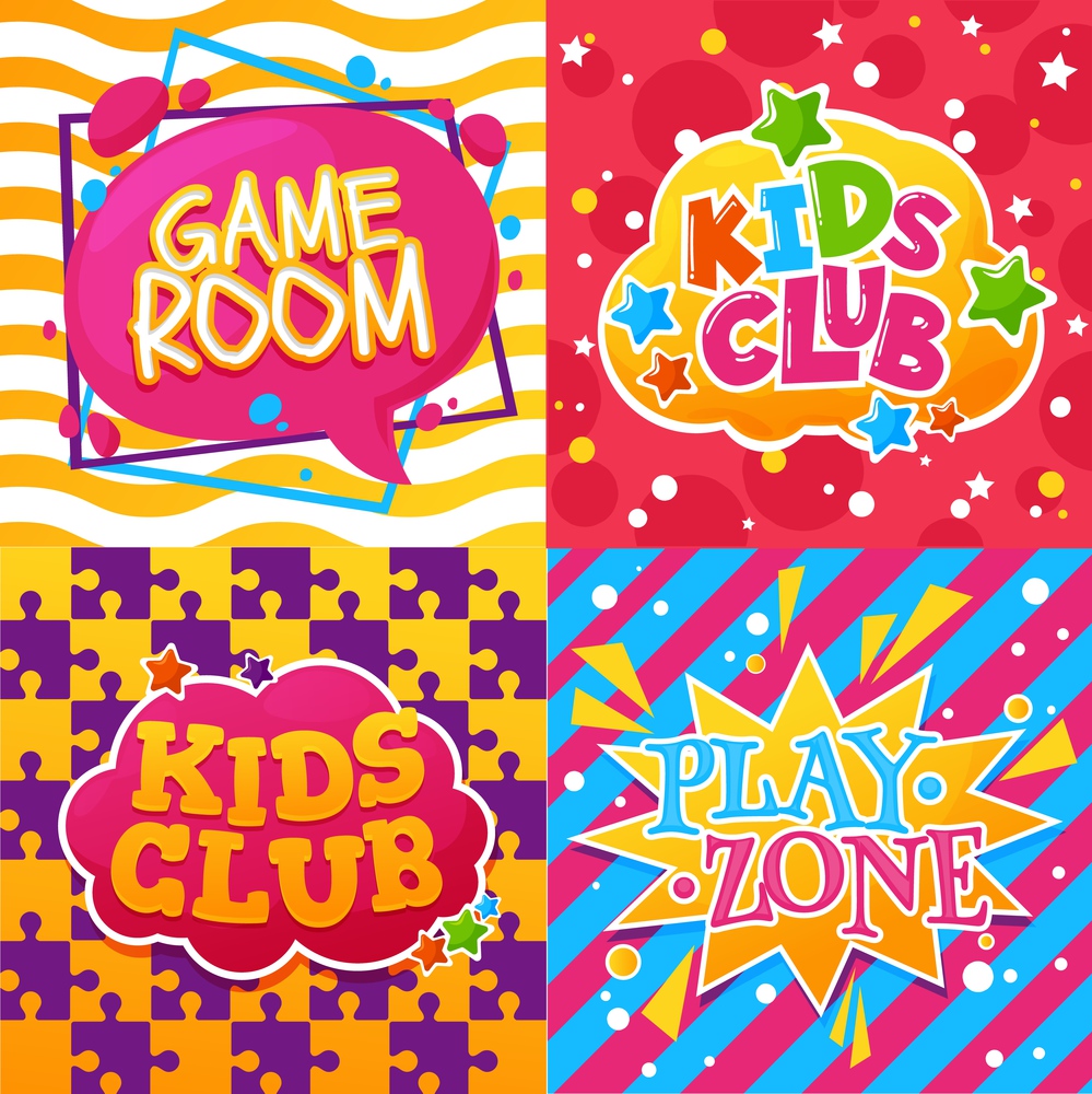 Kids club, game room and play zone cartoon posters of vector child education activity. Children entertainment gamer room and club with bright paint splatters, stars, puzzles and comics speeches. Kids club, game room, play zone