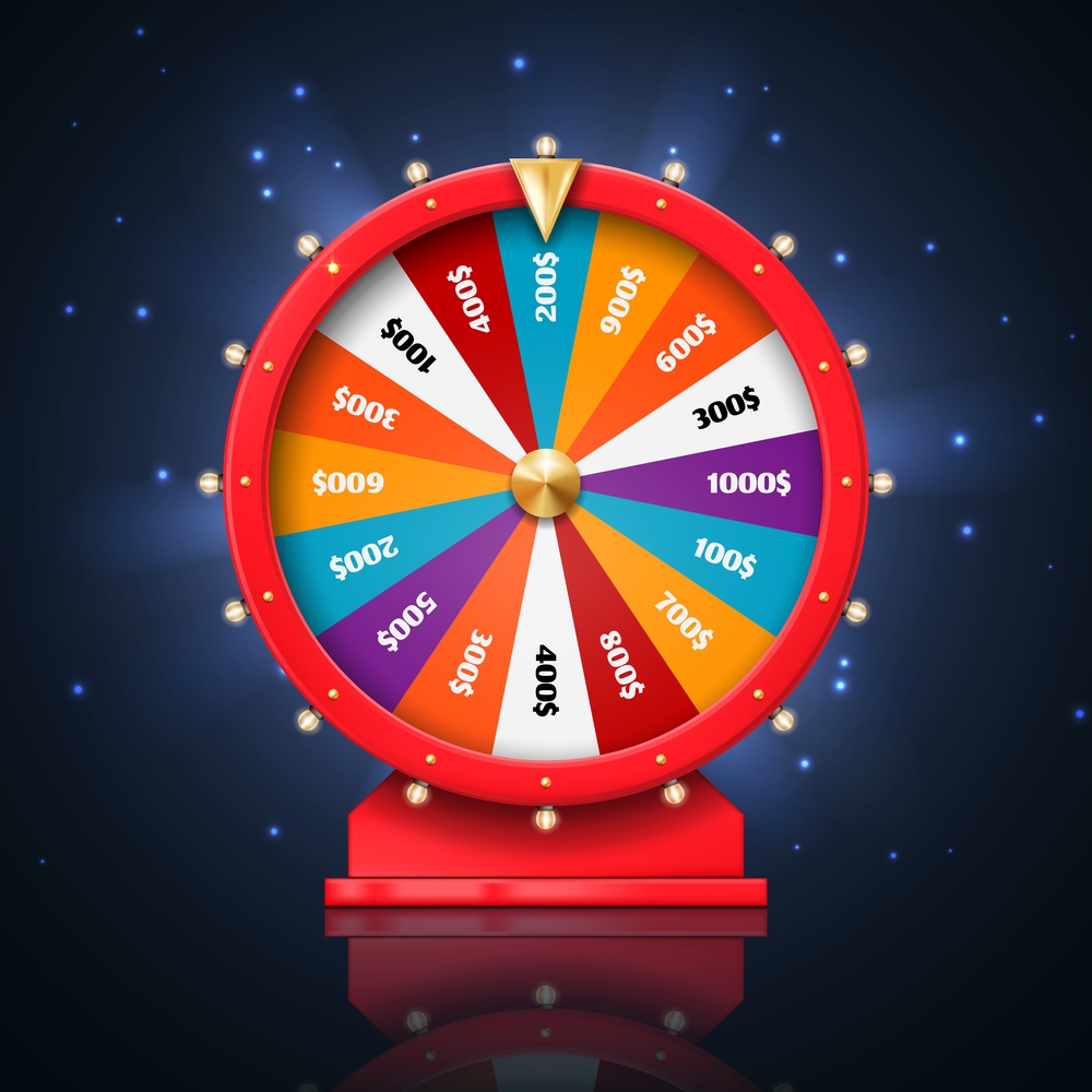 Fortune wheel or lucky spin games, vector casino and gambling design. 3d lottery, jackpot and money prize winner roulette with gold arrow, colorful win sections, light bulbs and sparkles. Fortune wheel and lucky spin games, casino