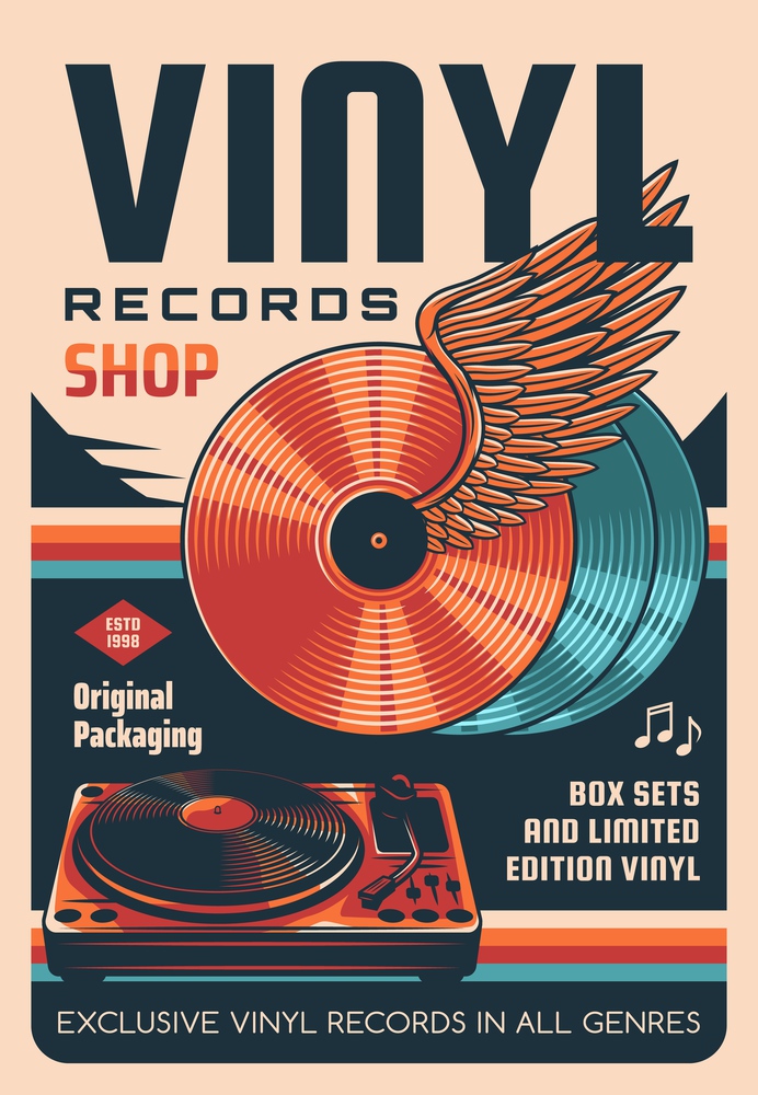 Vinyl records shop vector retro poster. Winged vinyl discs, DJ records turntable. Old music records store, audiophile hobby shop promo banner with audio playback equipment and vintage typography. Vinyl records shop or store vector retro poster