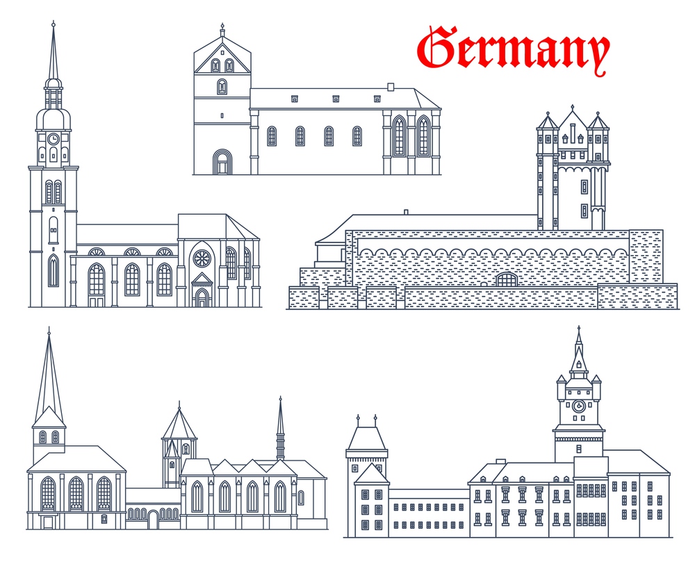 Germany landmark buildings, castles, cathedrals and churches, vector icons. Germany landmark of Munster Cathedral, Saint Reinold and Peter church in Dortmund, Schwanenburg Castle in Kleve and Eltville. Germany landmark building castle, cathedral church