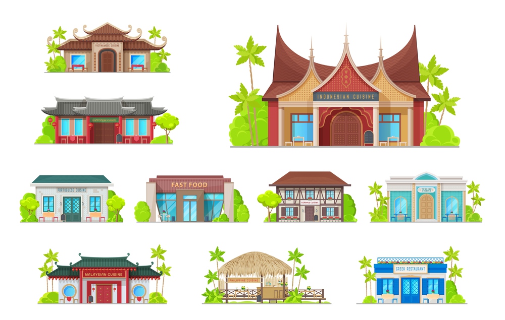 National restaurant building icons, bistro and cafe vector icons. Cartoon exteriors with tables and chairs on terraces, front doors and signboards of asian, european and turkish cuisine restaurants. Restaurant building icons, cafe and bistro