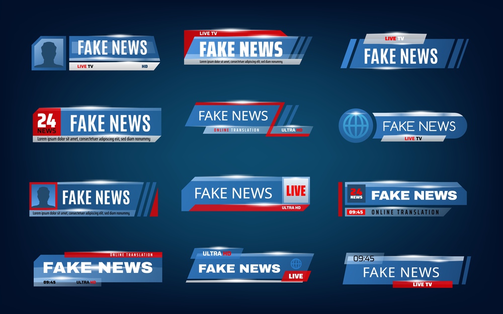 Fake news bars and TV screen lower vector banners. World news titles and headlines of live TV, broadcast video, television or streaming channels, media and television technologies. Fake news bars, TV screen lower banners