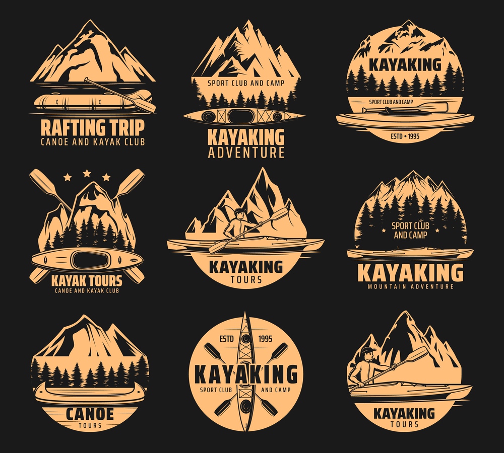 Kayaking sport icons, rafting and canoe tours, vector outdoor adventure club symbols. Nature camping and hiking expedition to river and mountain on kayak, canoe and raft lake boat icons. Kayaking, rafting club and canoe sport icons