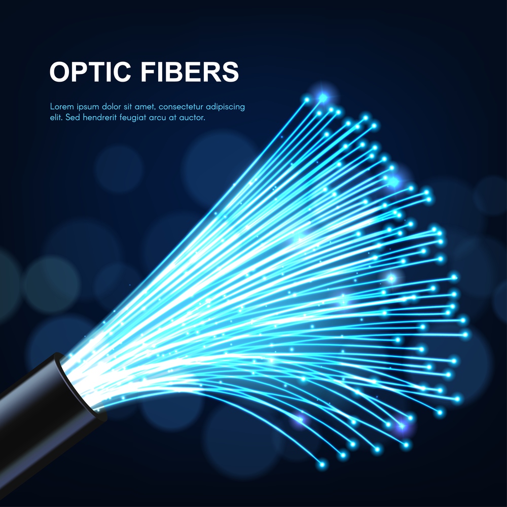 Glowing optical fiber cable or wire realistic vector, fibre optics future technologies. Speed internet connection, network communication and telecommunication, multimedia, digital data bandwidth. Glowing optical fiber cable or wire, fibre optics