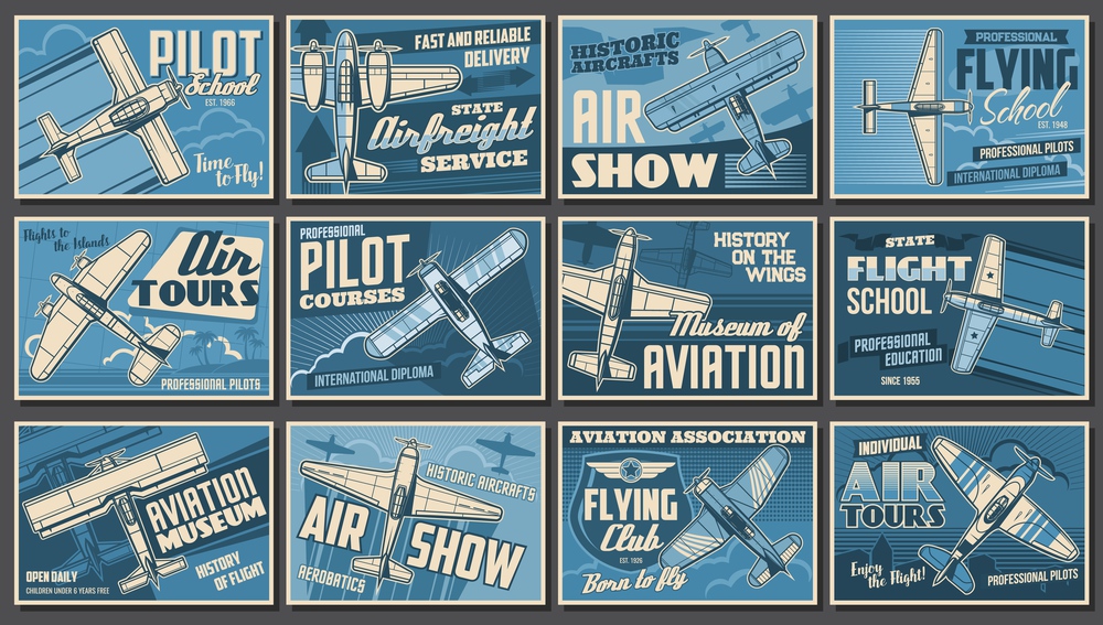 Aviation show, airplanes and aviator club posters, retro vector. Vintage aircraft planes, professional aerobatics festival, pilots school and aviation club, avia history museum and airfreight service. Aviation show, airplanes and aviator club posters