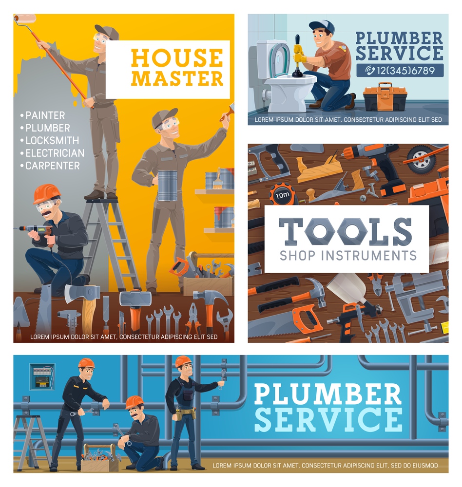 House repair services workers, tools shop vector banner. House masters painting wall, renovating room interior, plumber with plunger unclogging toilet and workers maintaining pipeline, work tools. House repair services workers, tools shop banners