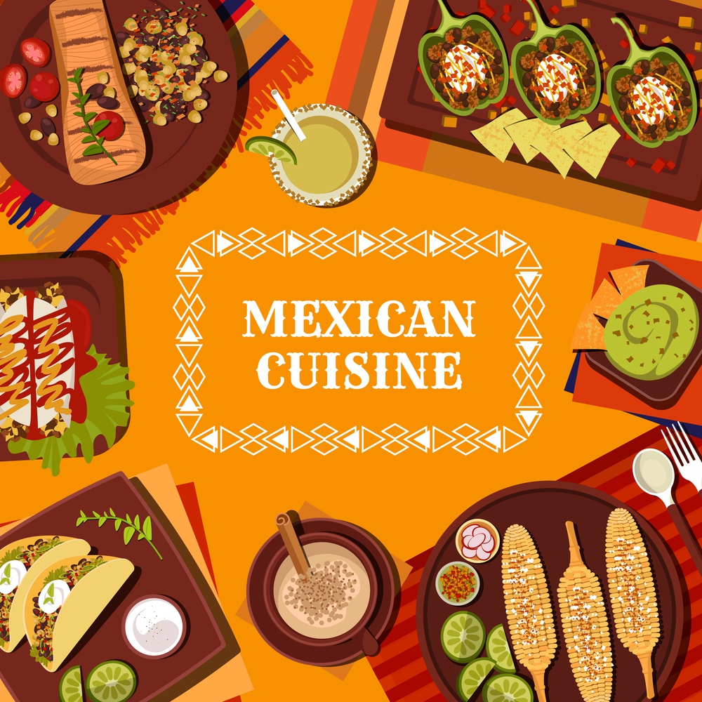 Mexican cuisine restaurant meals and drinks menu vector cover. Carne Asada beef, chicken enchiladas and meat bean tacos, grilled corn on cob, avocado guacamole and stuffed peppers, Michelada cocktail. Mexican food dishes and beverages menu cover