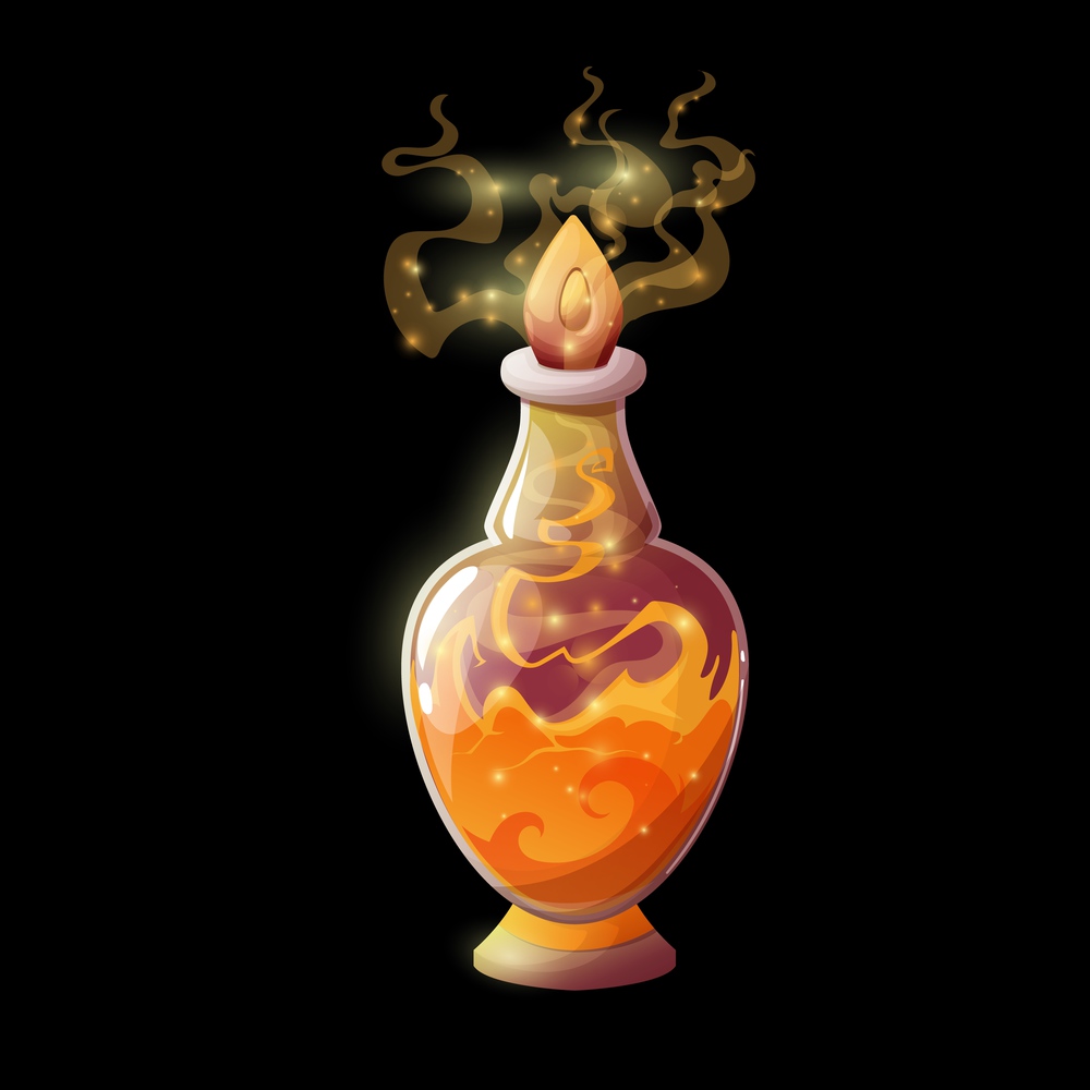 Potion bottle with orange fire flames, vector magic elixir in glass flask with splashing liquid and bung. Cartoon element for game asset. Witch poison alchemy object isolated on black background. Potion bottle with orange fire flame, magic elixir
