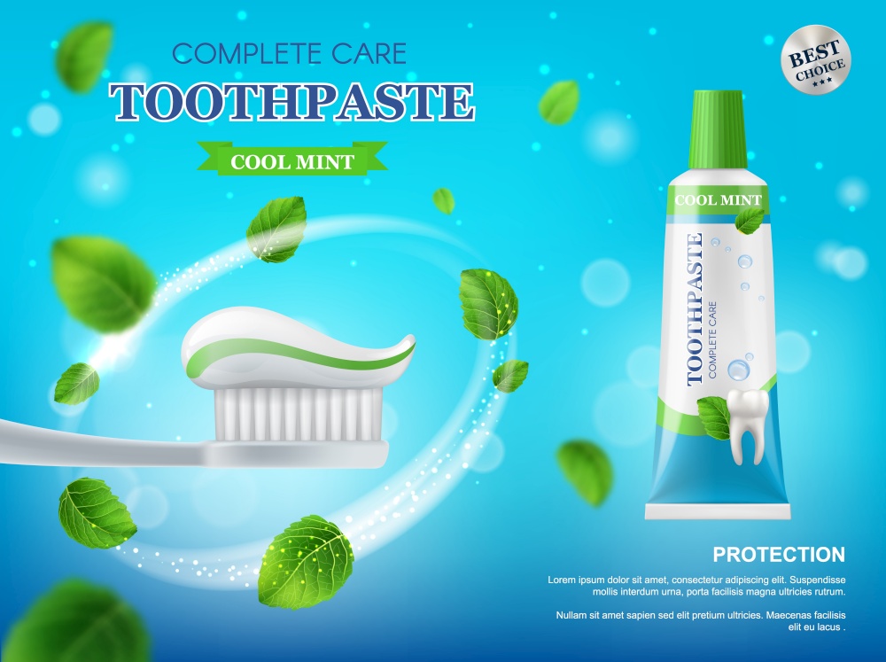 Toothpaste, toothbrush and mint leaves vector promotion poster. Realistic 3d tube of dental care toothpaste, healthy tooth and brush with white and green paste swirl on blue sparkling background. Toothpaste, toothbrush and mint leaves poster
