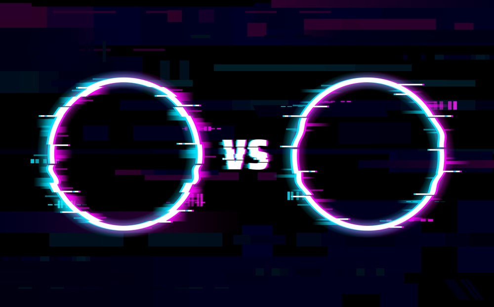 Versus battle glitch round frames with vector neon borders of distorted pixels on digital noise background. VS frames of sport competition, championship match, boxing round, team challenge or contest. Versus battle glitch round frames with neon border