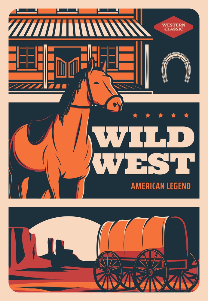 Wild West retro poster, American Western cowboy saloon and horse, vector vintage sign. Wild West legend, horse and rangers or native American stagecoach carriage in Arizona or Texas night desert. Western American legend, Wild West saloon, Texas