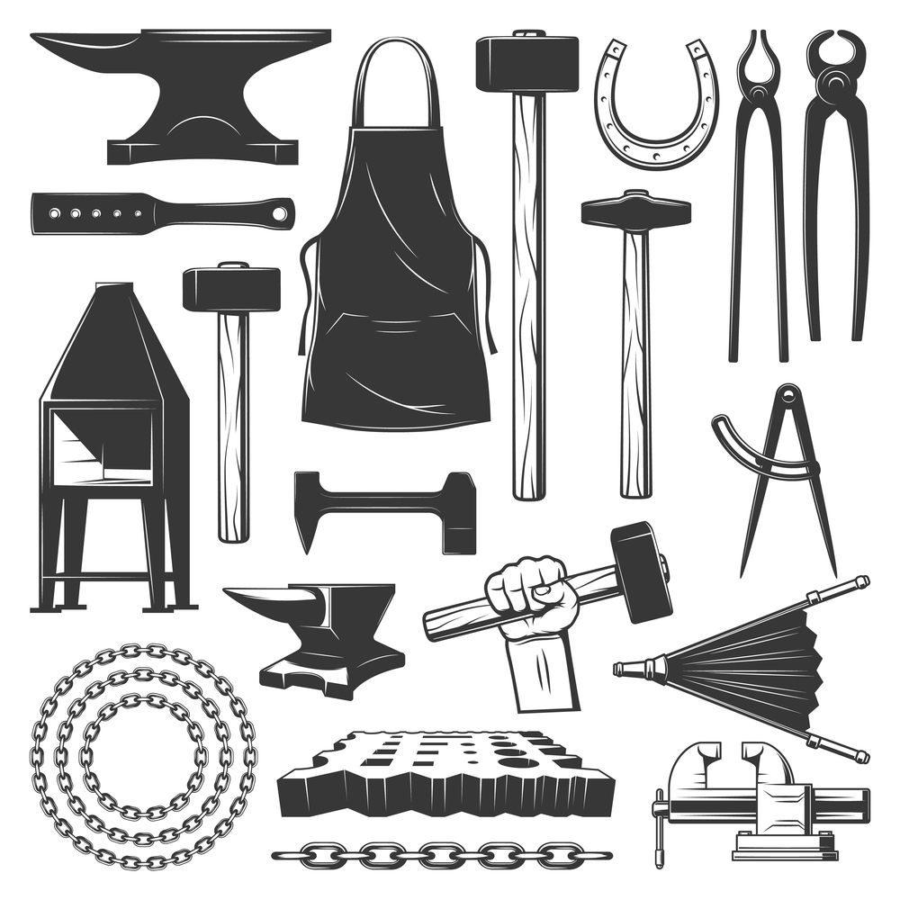 Blacksmith metalwork workshop tools vector icons. Sledgehammer, chain and horseshoe, anvil, apron and forge, vise, blacksmithing tongs and pliers, hammer in hand, nail header, bellows and swage block. Blacksmithing, ironworks and forging tools icons