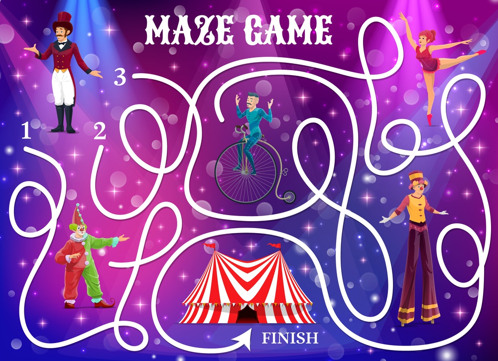 Circus labyrinth maze game. Vector kids boardgame help artists reach big top tent. Children test with cartoon characters and tangled path, educational baby riddle for preschool or family activity. Circus labyrinth maze game. Vector kids boardgame