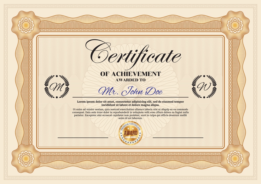 Certificate of achievement vector template, vintage border ornate design. Official award frame, paper document for winner appreciation or graduation with golden stamp and place for name and surname. Certificate of achievement vector template