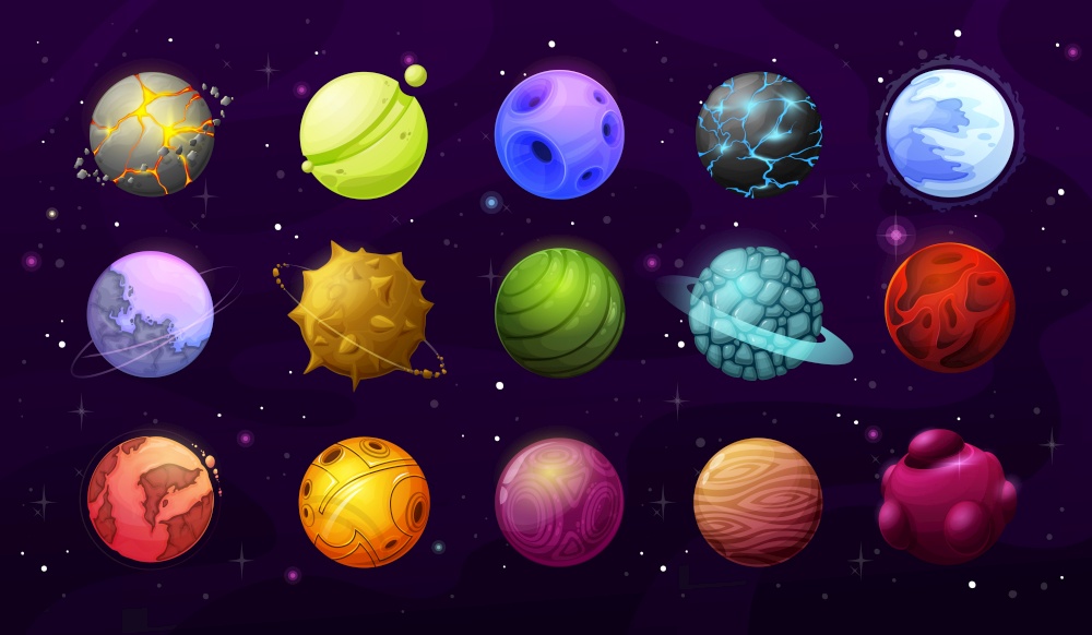 Alien planets and stars, vector fantasy space galaxy. Cartoon elements of user interface or gui, alien galaxy universe planets with surfaces of ice, craters and magma, orbit rings, asteroids, meteors. Alien planets, stars, cartoon fantasy space galaxy