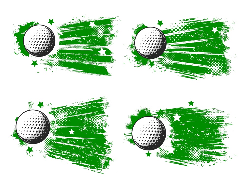 Golf balls vector grunge banners. Sport club, sporting competition, tournament. White balls of golf game player or golfer equipment on green grunge background with halftone pattern and stars. Golf balls, sport club grunge banners