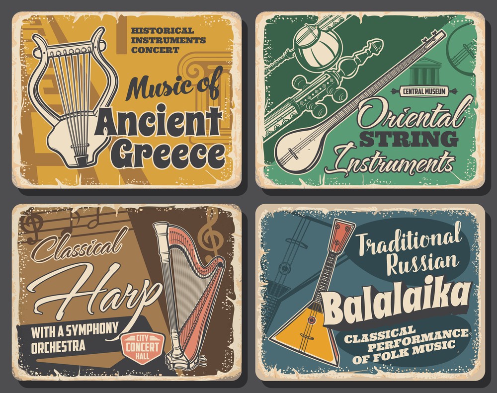 Folk and national music instruments retro vector banners. Oriental string instruments, music of ancient greece and russian balalaika performance, harp concert vintage poster. Tanbur and lyre. Folk and national music instruments retro banners
