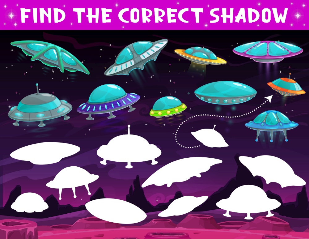 Kids game shadow match with alien ufo saucers, find correct shadow children logic puzzle. Preschool or kindergarten educational vector riddle with spaceships on planet surface. Cartoon kid worksheet. Kids game shadow match, alien ufo saucers