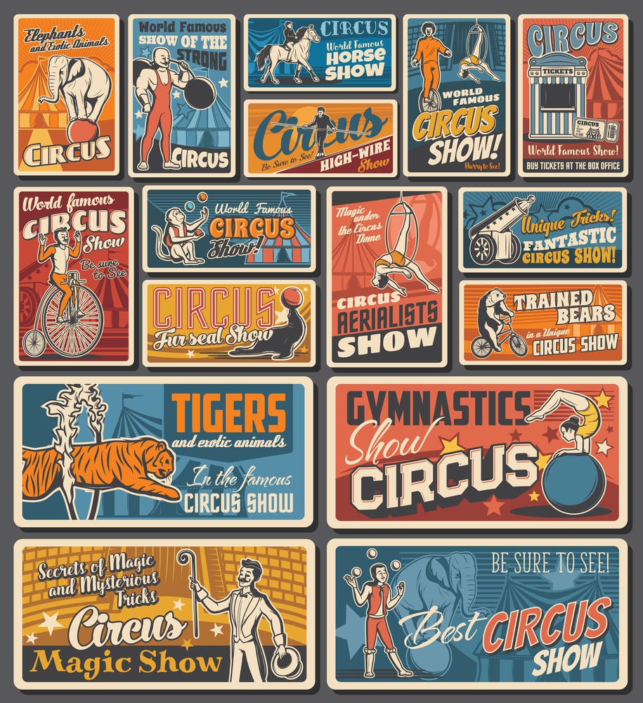 Circus funfair carnival retro posters, magic show and animals entertainment festival, vector. Vintage big top shapito circus with tiger in fire ring, strongman with illusionist on circus stage. Circus magic show, animals, clown funfair carnival