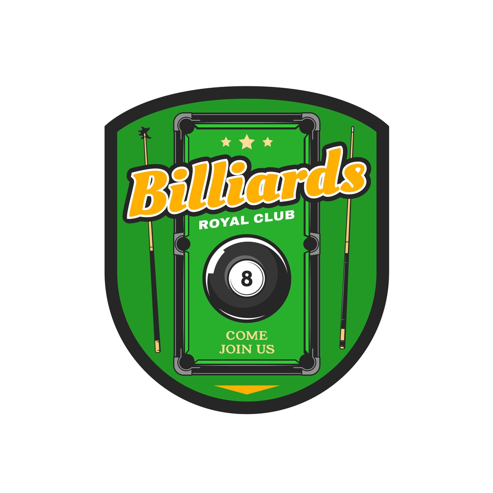 Billiard, pool club vector icon, black ball with number eight and cues on green playing field. Sport, hobby, snooker league sign, billiards game society membership emblem isolated on white background. Billiard, pool club, game society vector icon