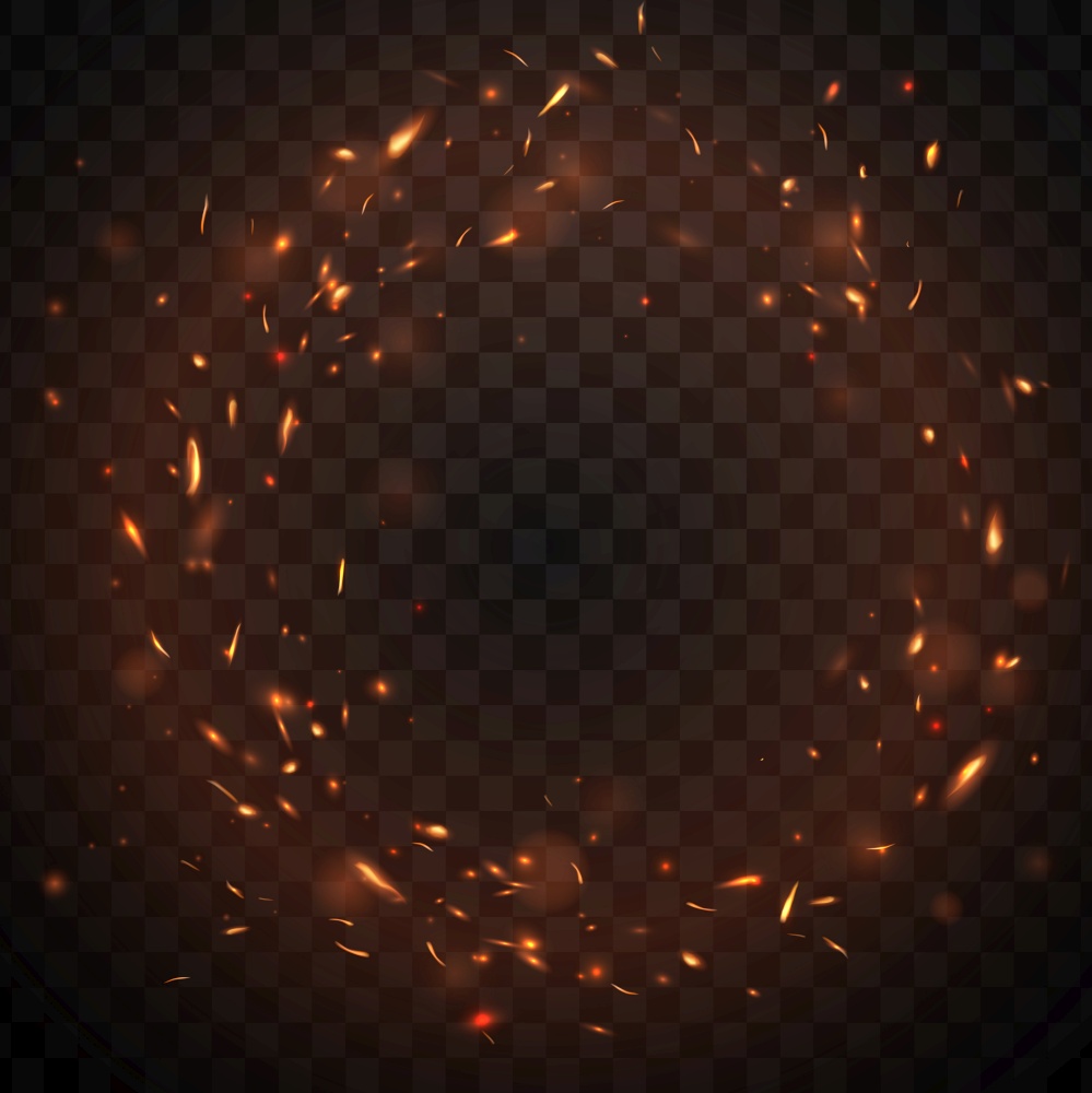Round fire sparks frame with burning bonfire embers, vector glowing flame particles. Realistic 3d blaze fire sparks flying in air. Firestorm inferno, balefire border isolated on transparent background. Round fire sparks frame with burning embers in air
