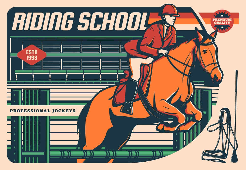 Horse with jockey jumping over hurdle. Equestrian sport, riding school, dressage and jumping show vector retro poster. Racehorse with rider, saddle, whip and harness on hippodrome race track or arena. Horse with jockey jumping over hurdle
