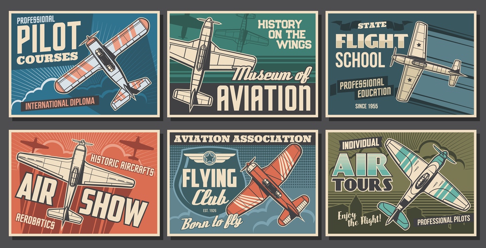 Aviation retro airplanes vector posters set. Pilot training courses, flying school and club, air show, aviation history museum banners. Vintage propeller monoplane, old aircraft flying in sky. Aviation retro airplanes vector posters